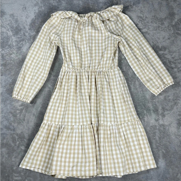 J. Crew Dress Womens 2 Seersucker Ruffle Gingham Modest Neutral Boho Prairie - Picture 8 of 11